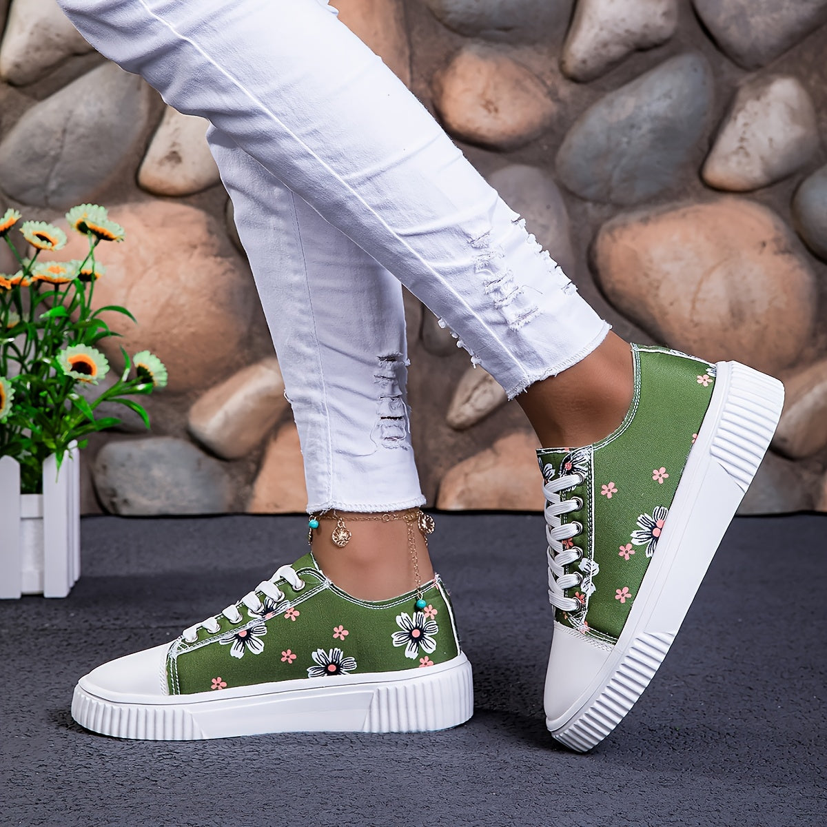 Женские кроссовки из холста на шнуровке, повседневные балетки с цветочным принтом
