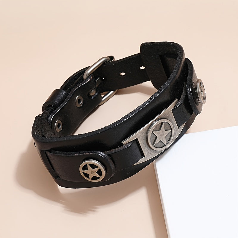 Men's Punk Rock Leather Bracelet with Zinc Alloy Star Pendant Non-Magnetic Fashion Accessory
