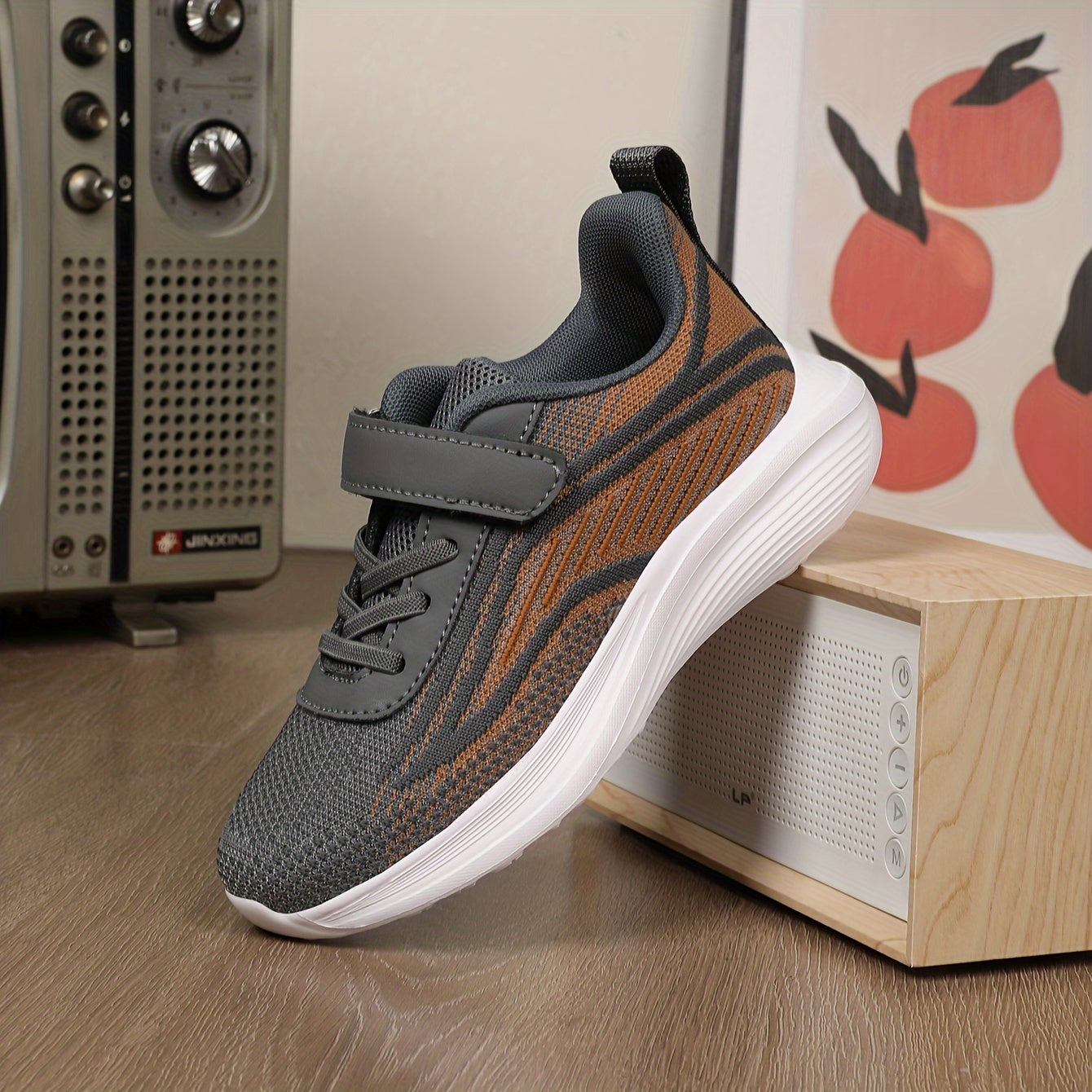 Kids' Mesh Athletic Shoes Gray and Brown Striped Casual Sneakers with Non-Slip EVA Sole