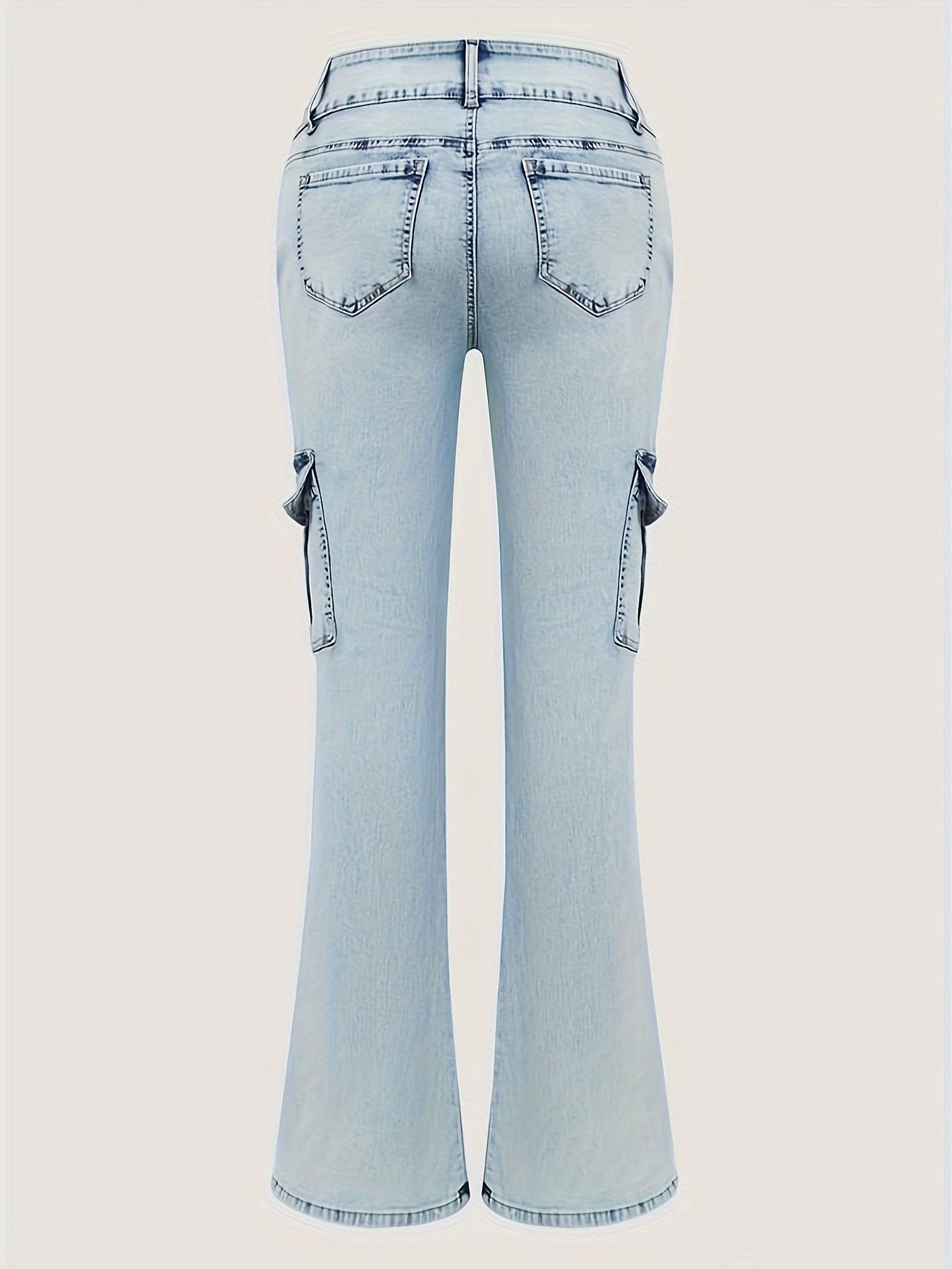 Women's Plus Size Washed Cargo Jeans With Flap Pockets, Stretchy, Mid-Rise