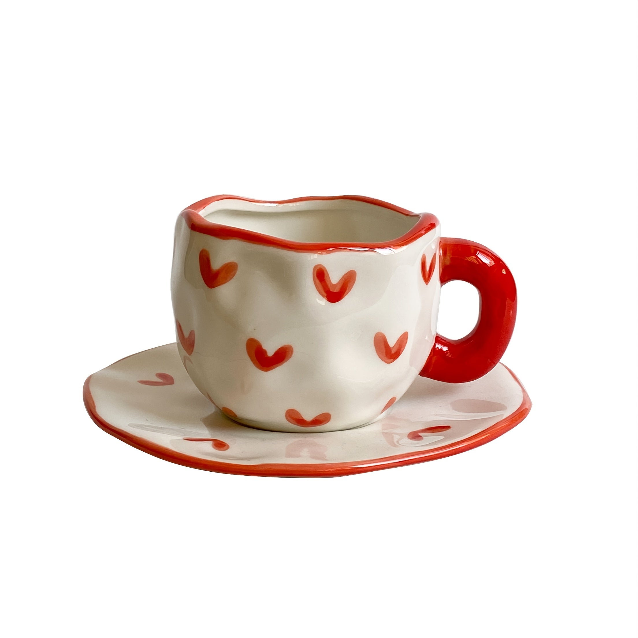 Valentine's Day Irregular Ceramic Coffee Mug and Saucer Set with Hand-Kneaded Texture
