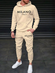 Men's Beige Hoodie and Shorts Set Casual Sportswear with 3D Letter Print