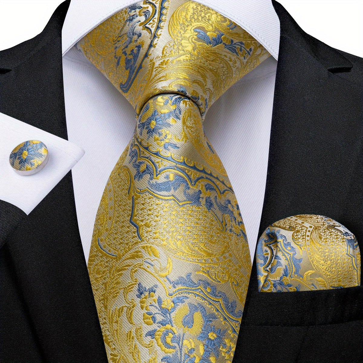 Men's Blue and Yellow Striped Tie Set with Cufflinks and Handkerchief for Business and Gift