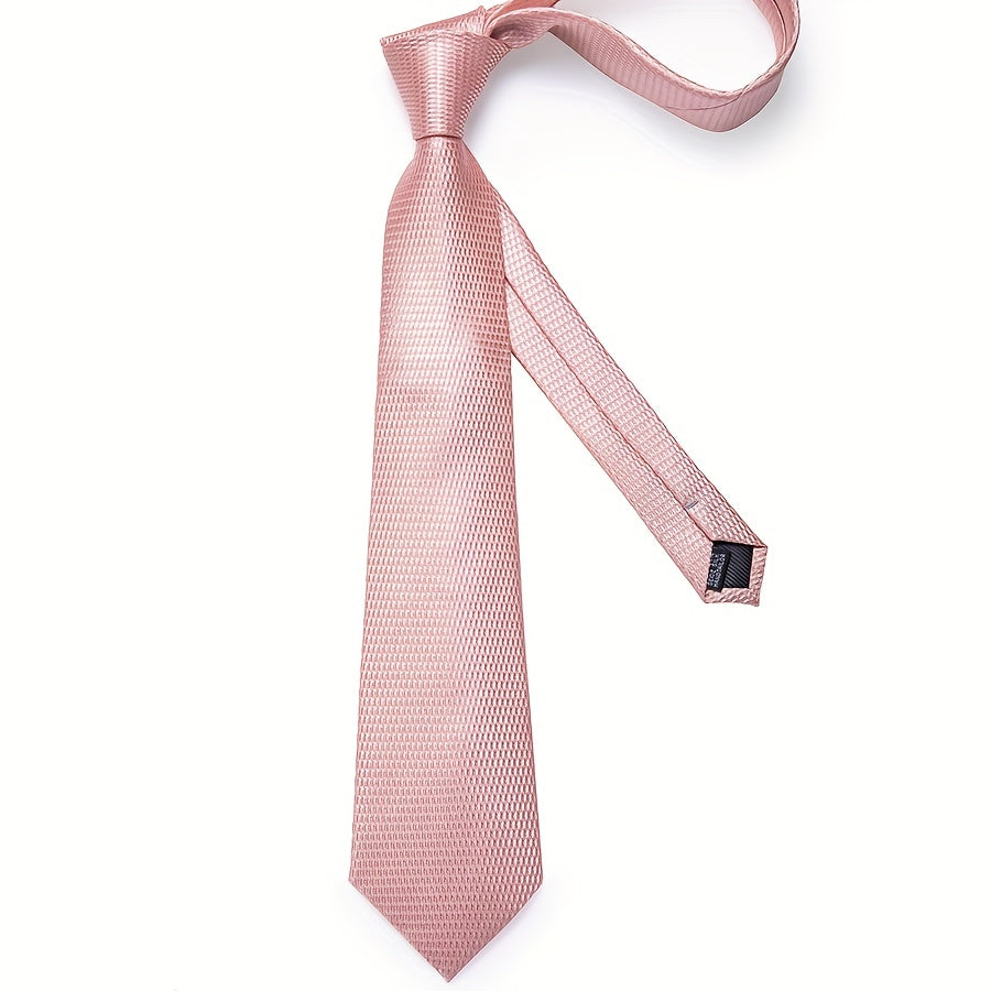 Men's Pink Solid Formal Tie Set with Handkerchief and Cufflinks for Weddings and Business