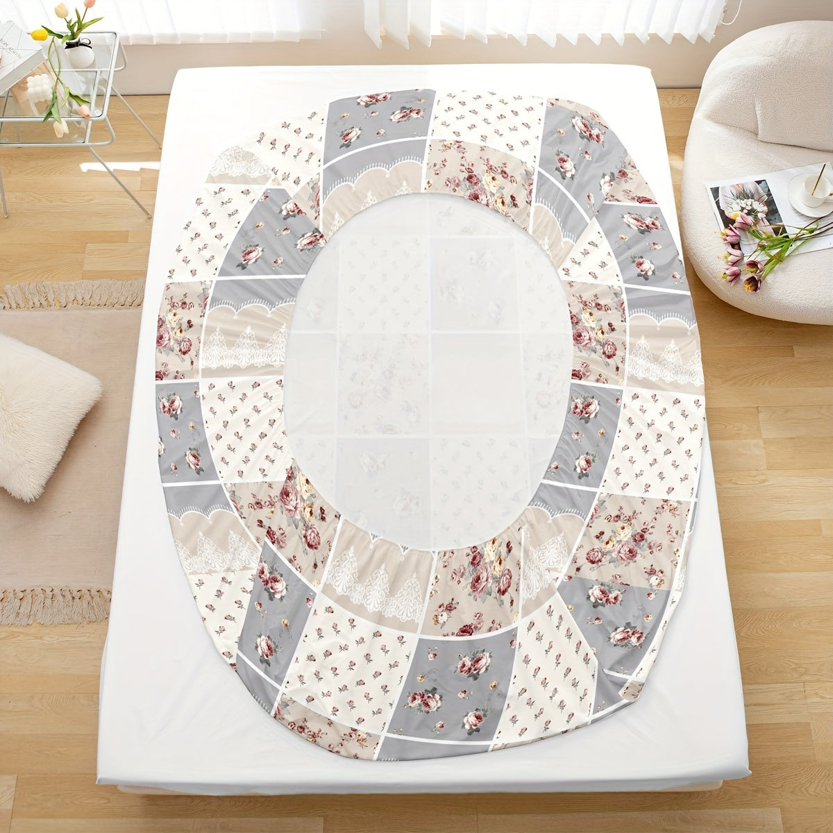 Set of 4 Flower Stitching Print Fitted Sheets Bedding Set Soft Breathable for Bedroom Guest Room Dorm