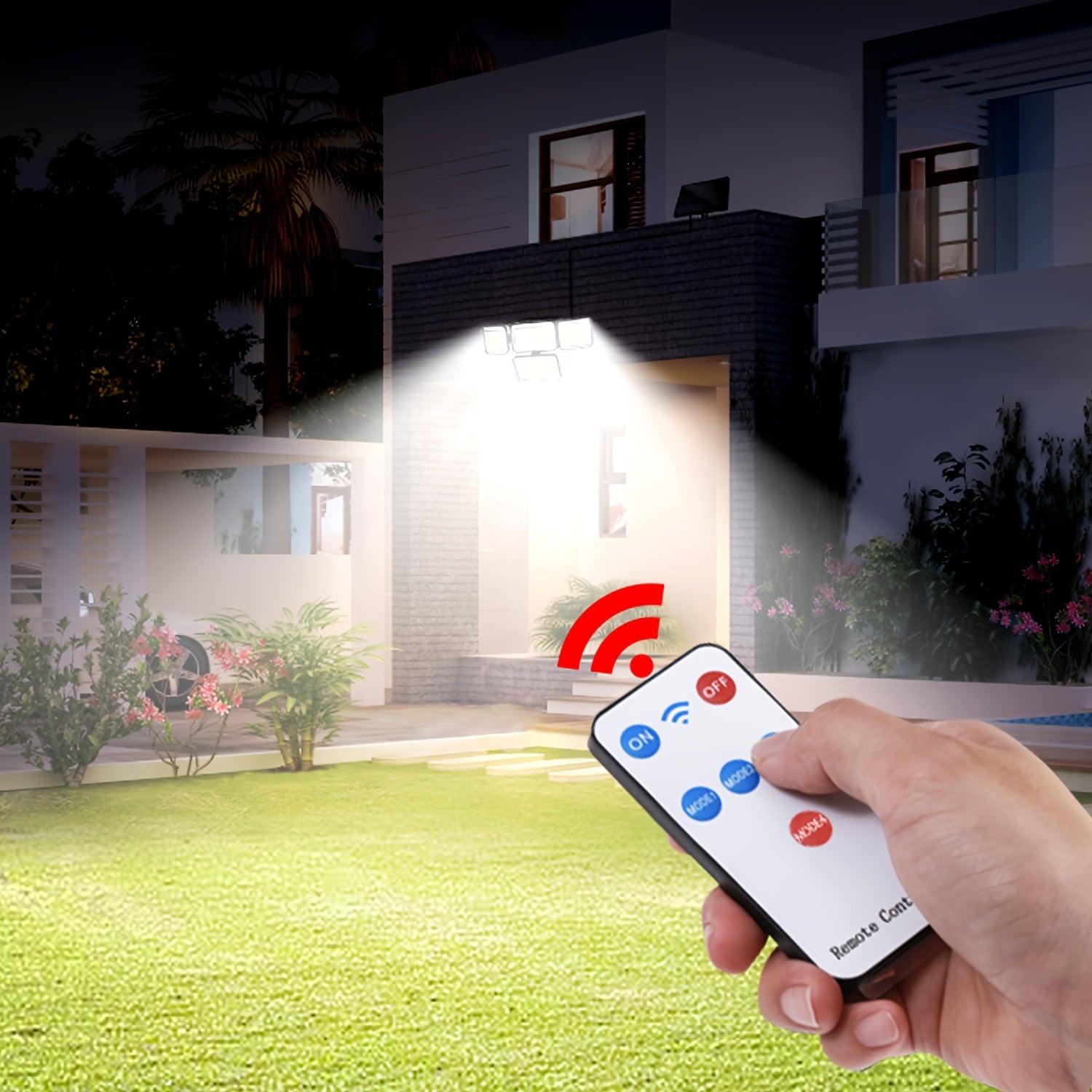 Solar-Powered Motion Sensor Light with Remote Control 288 LED 4-Head Security Floodlight 300° Wide Angle for Garden Yard Pathway Garage Street