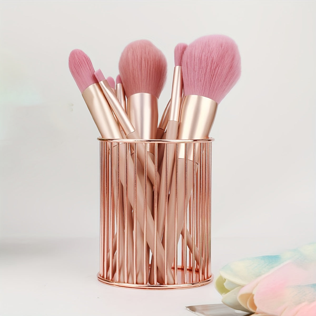 Golden Iron Makeup Brush Holder Rust Resistant Polished Finish Desktop Organizer