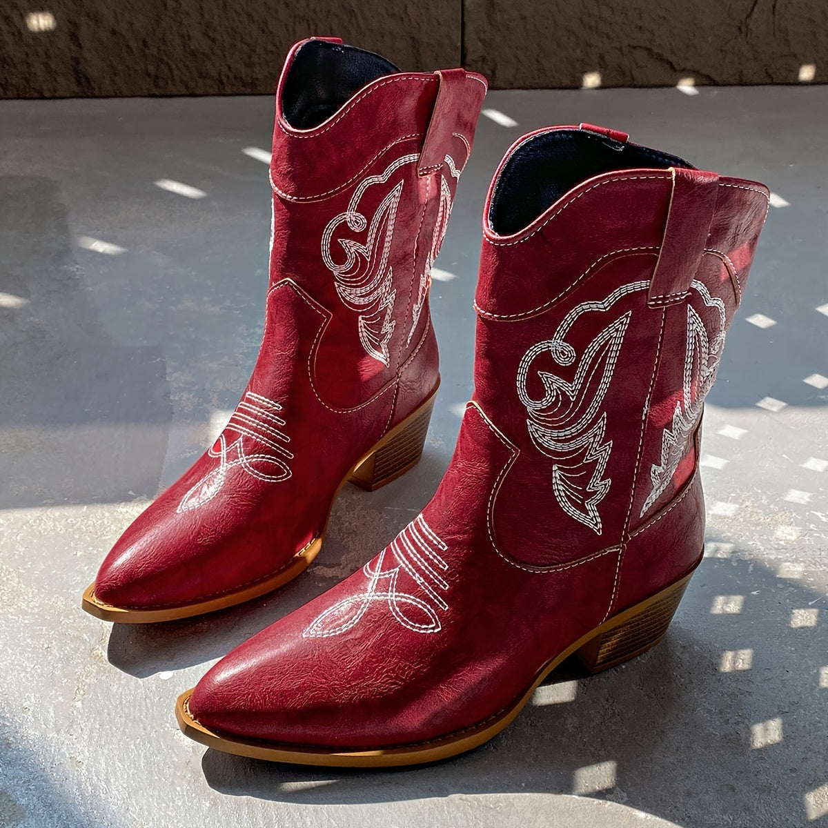 Women's Mid-Calf Faux Leather Bohemian Boots with Embroidery