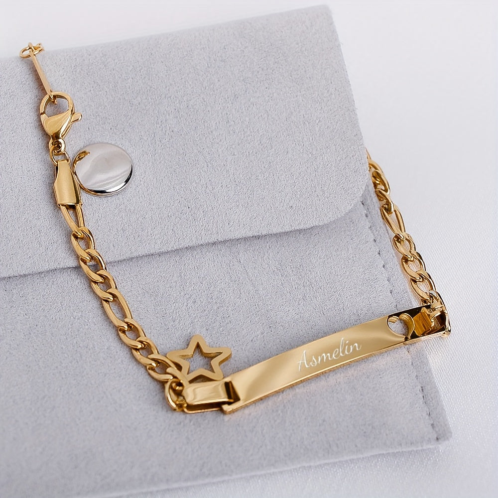 Индивидуальный браслет из титанового сплава в золоте с личным именем, пентаграммой и сердечком - создайте свои собственные особенные ювелирные изделия на память для значимого юбилея или подарка на день рождения для вашей дочери или племянницы.