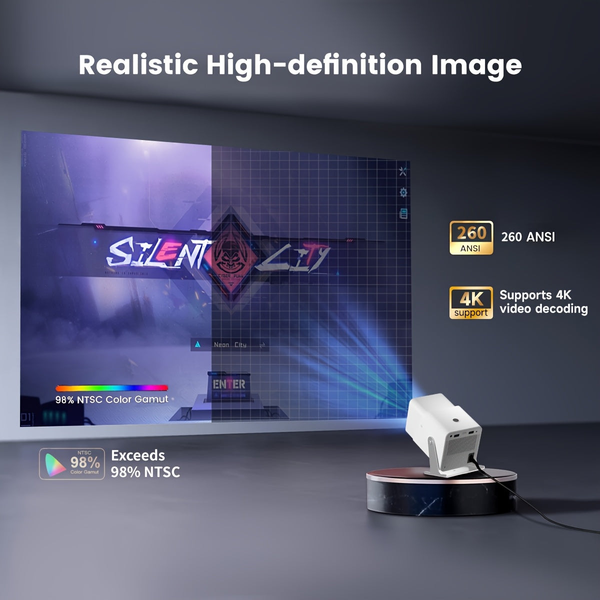 Mini Portable 4K Wi-Fi Projector with 260ANSI Brightness, 180° Rotation