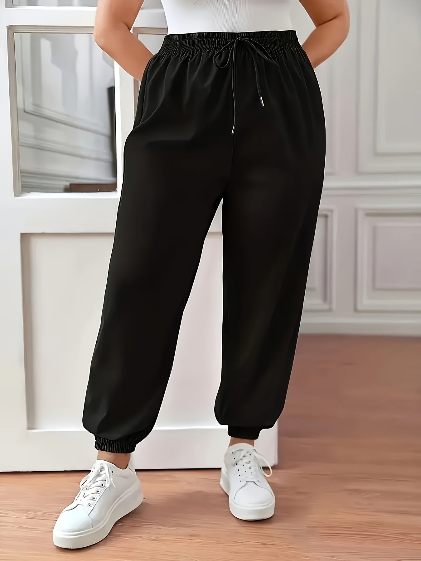 Plus Size Women Joggers Solid Color Drawstring Casual Pants Elastic Waist