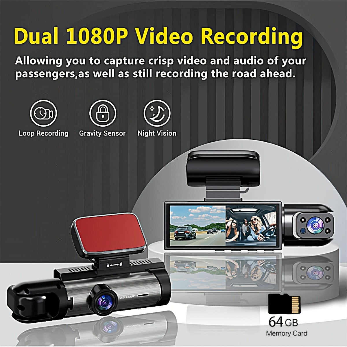 Upgraded Dual-Lens Dash Cam with 64GB Card Night Vision Loop Recording LCD Screen
