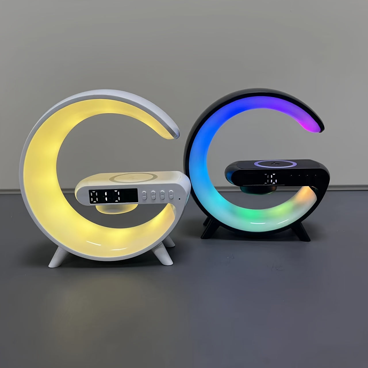 Modern Wireless Speaker with LED Light Desk Lamp Phone Holder Alarm Clock and Wireless Charging Black or White