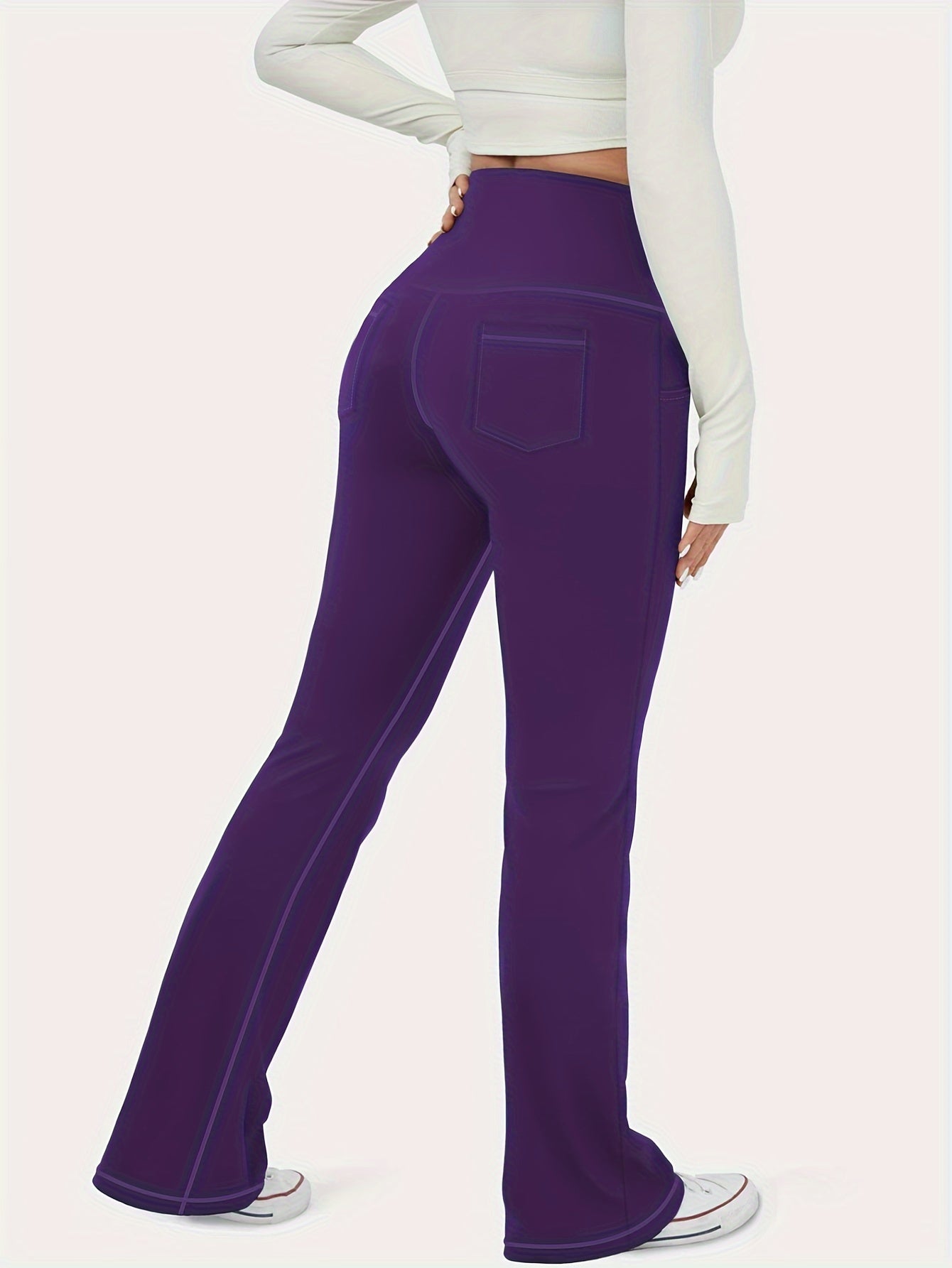 Женские спортивные леггинсы с расклешёнными штанинами и карманами, высокая талия, однотонные, эластичные штаны plus size