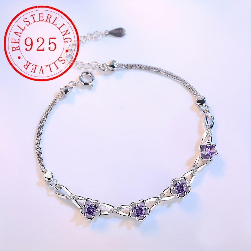 Silver Bracelet with Peach Blossom Design and Purple Zirconia for Women