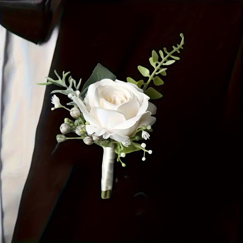 White Rose Corsage for Men Polyester Boutonniere for Weddings and Special Occasions
