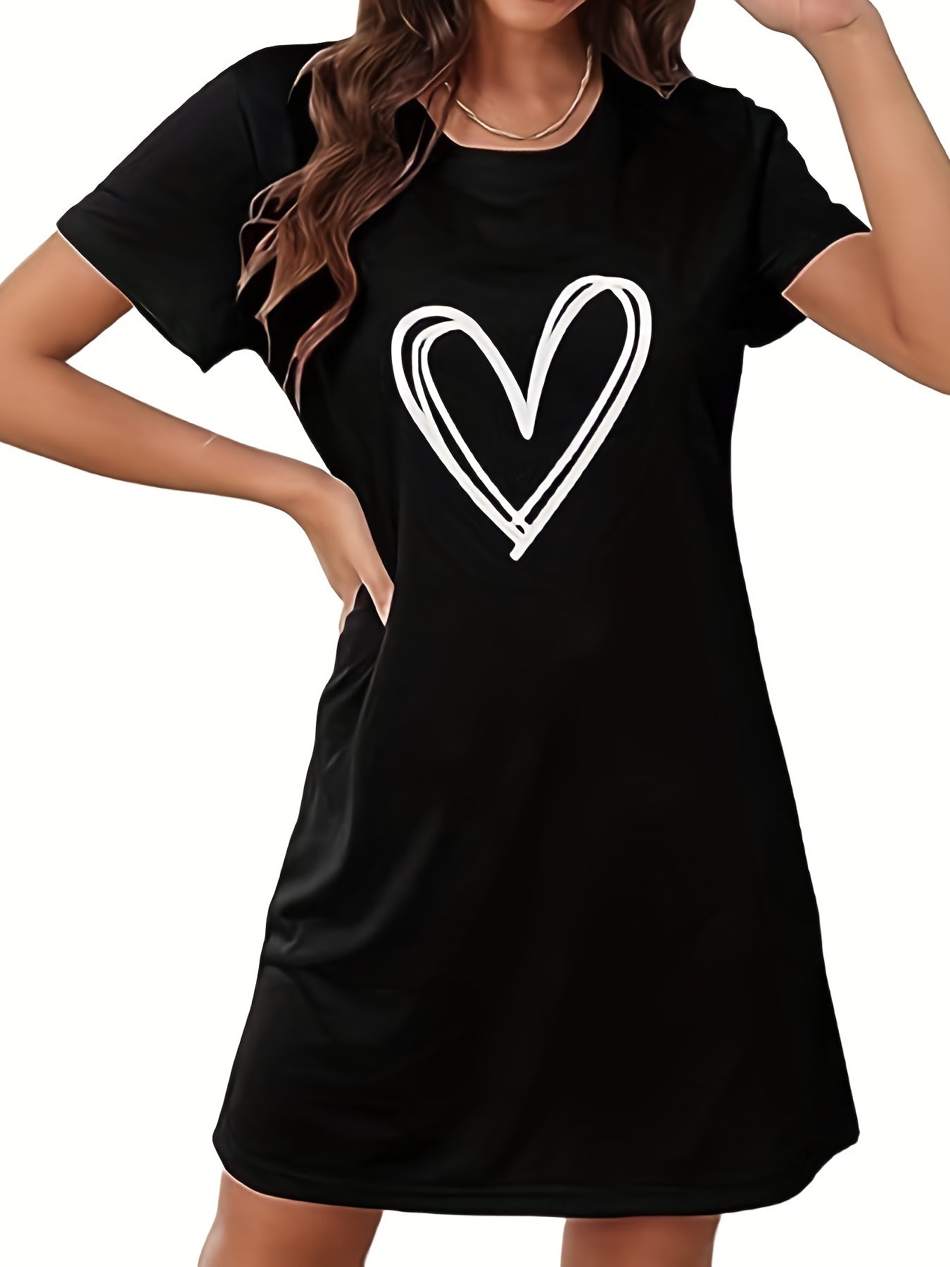 Women Heart Print Nightdress Short Sleeve Crew Neck Sleepwear