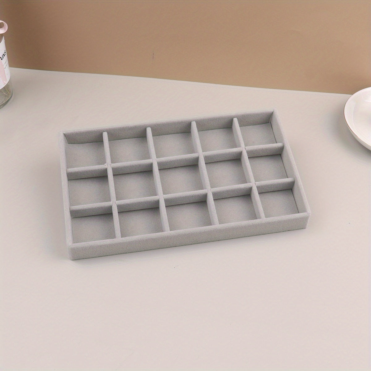 Grey Velvet Jewelry Tray Organizer with Compartments for Necklaces Bracelets Earrings Rings and Watches
