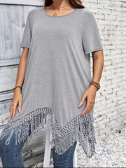 Plus Size Women's Short Sleeve T-Shirt with Fringe Hem Black Relaxed Fit