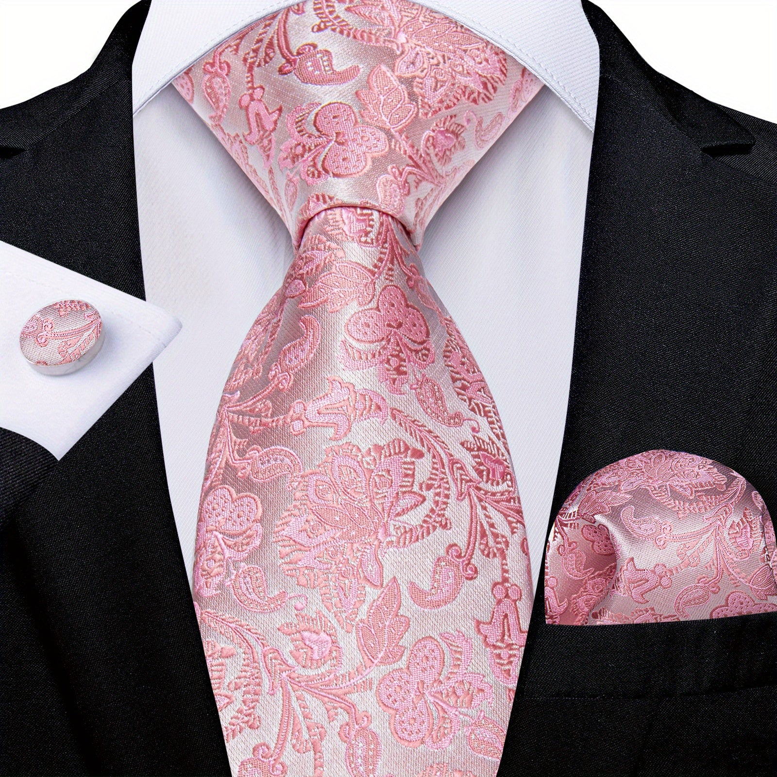 Stylish Men's Pink Patterned Tie Set with Pocket Square, Hanky, and Cufflinks - Perfect for Weddings or as a Gift