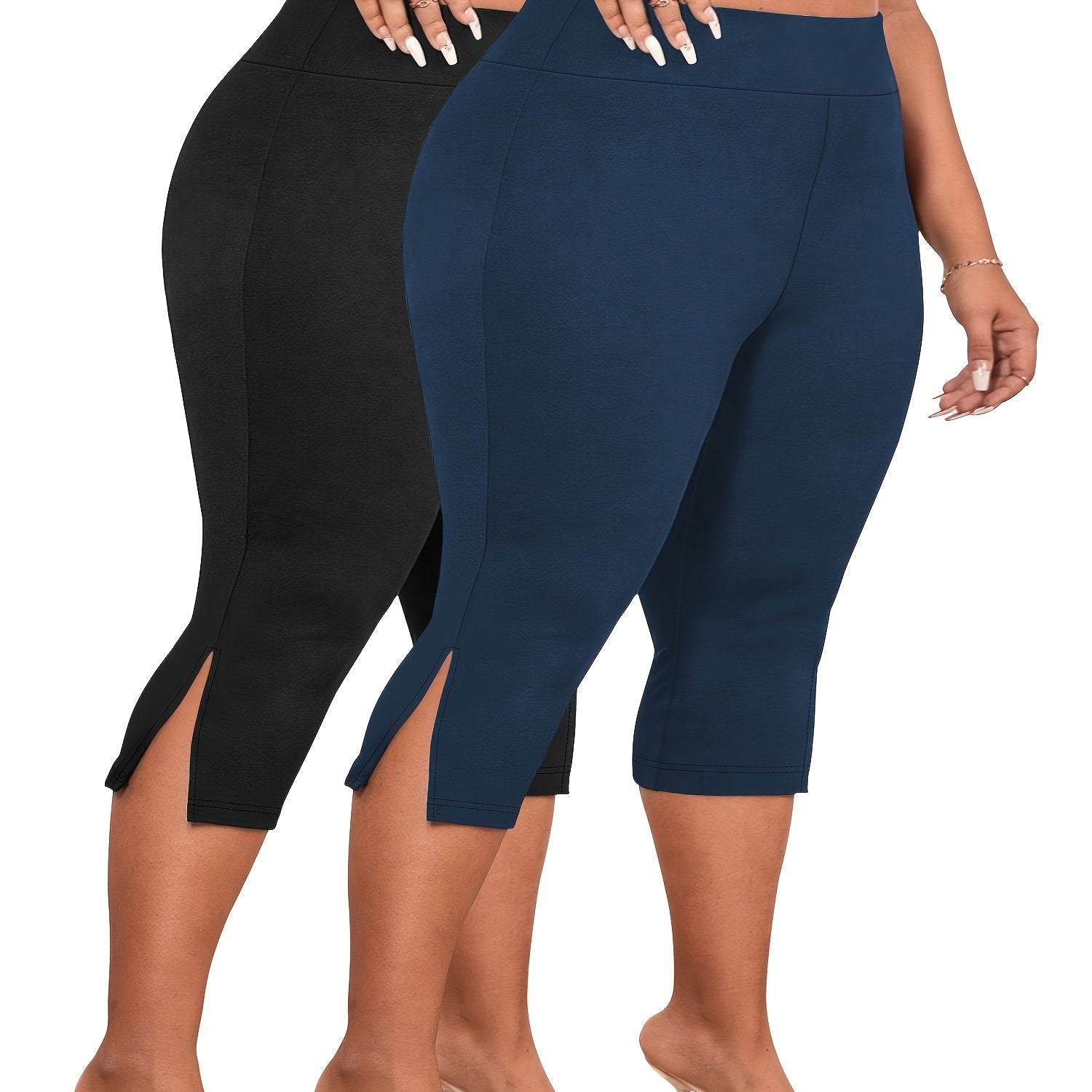 Plus Size High Waist Bermuda Shorts Stretchy Skinny Fit Side Slit Spring Summer