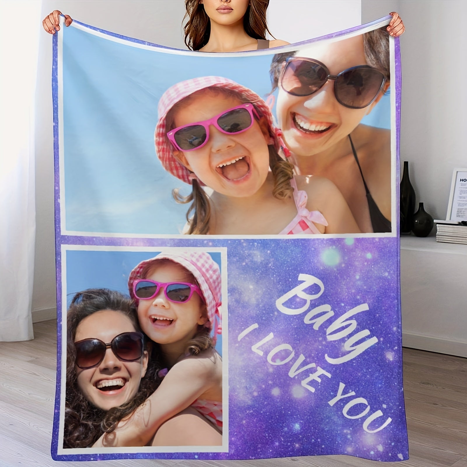 Personalized Purple Flannel Throw Blanket with Custom Photo Washable