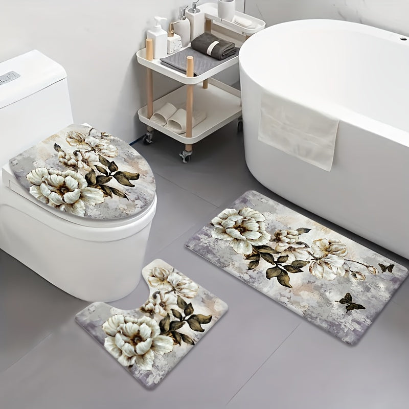 Juego de 3 alfombrillas florales para baño antideslizantes y absorbentes de franela con funda para tapa de inodoro