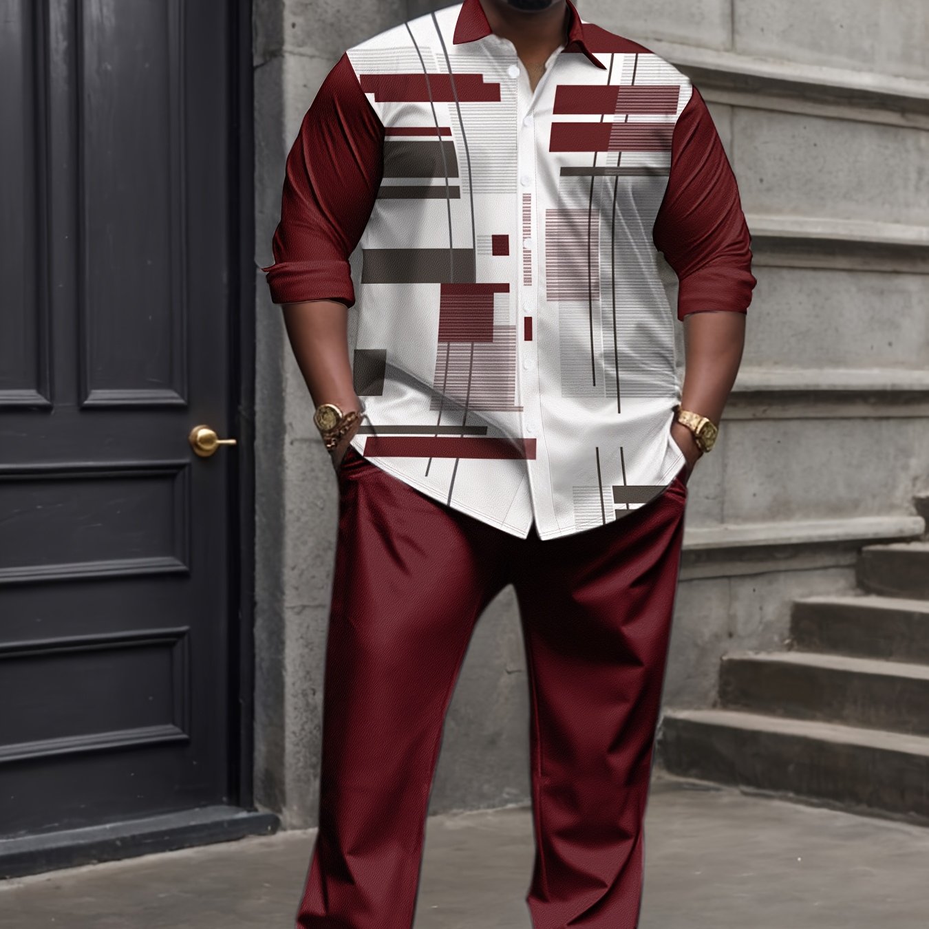 Plus Size Men's Knit Shirt Set Stripes Polyester Casual with Pocket