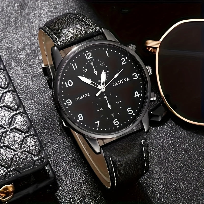 Set of 4 Men's Quartz Watches Black Round Face Faux Leather Bracelets Gift Set