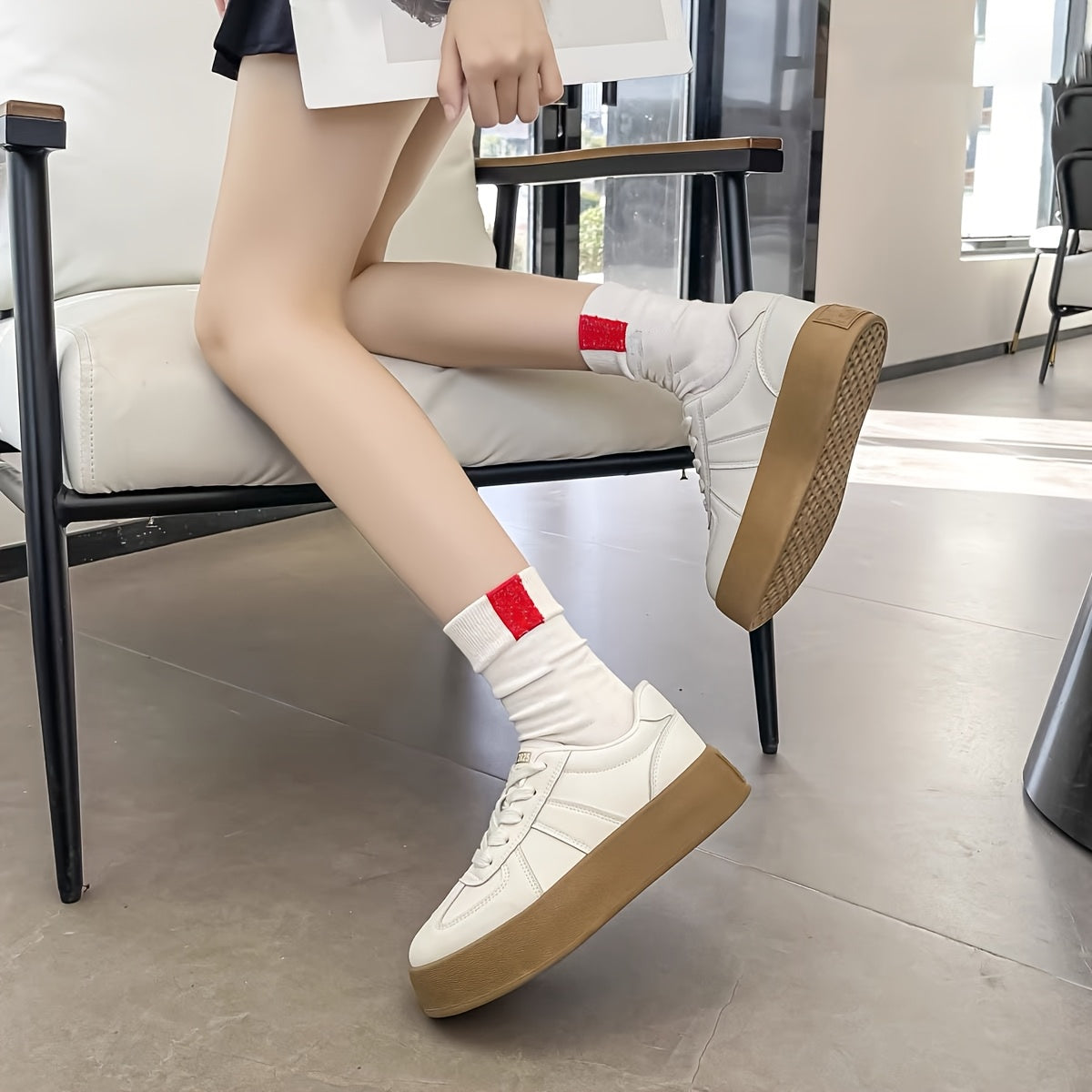 Women's Chunky Platform Sneakers White Brown Casual Lace-Up Shoes