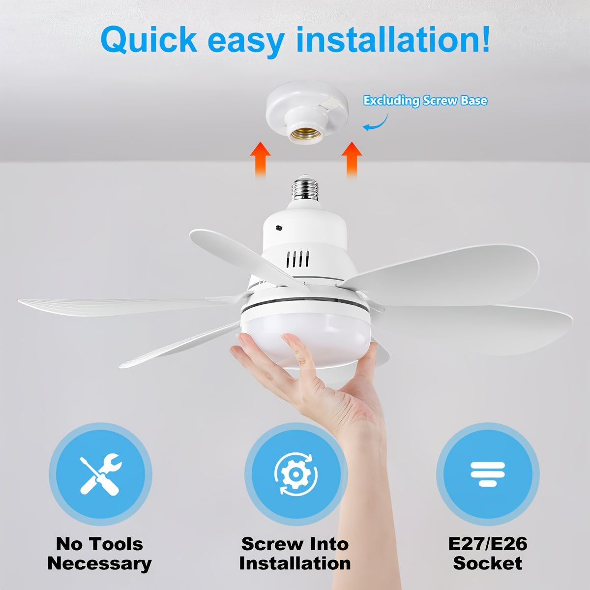 Smart Ceiling Fan with Dimmable LED Lights E26/E27 Socket for Home Use