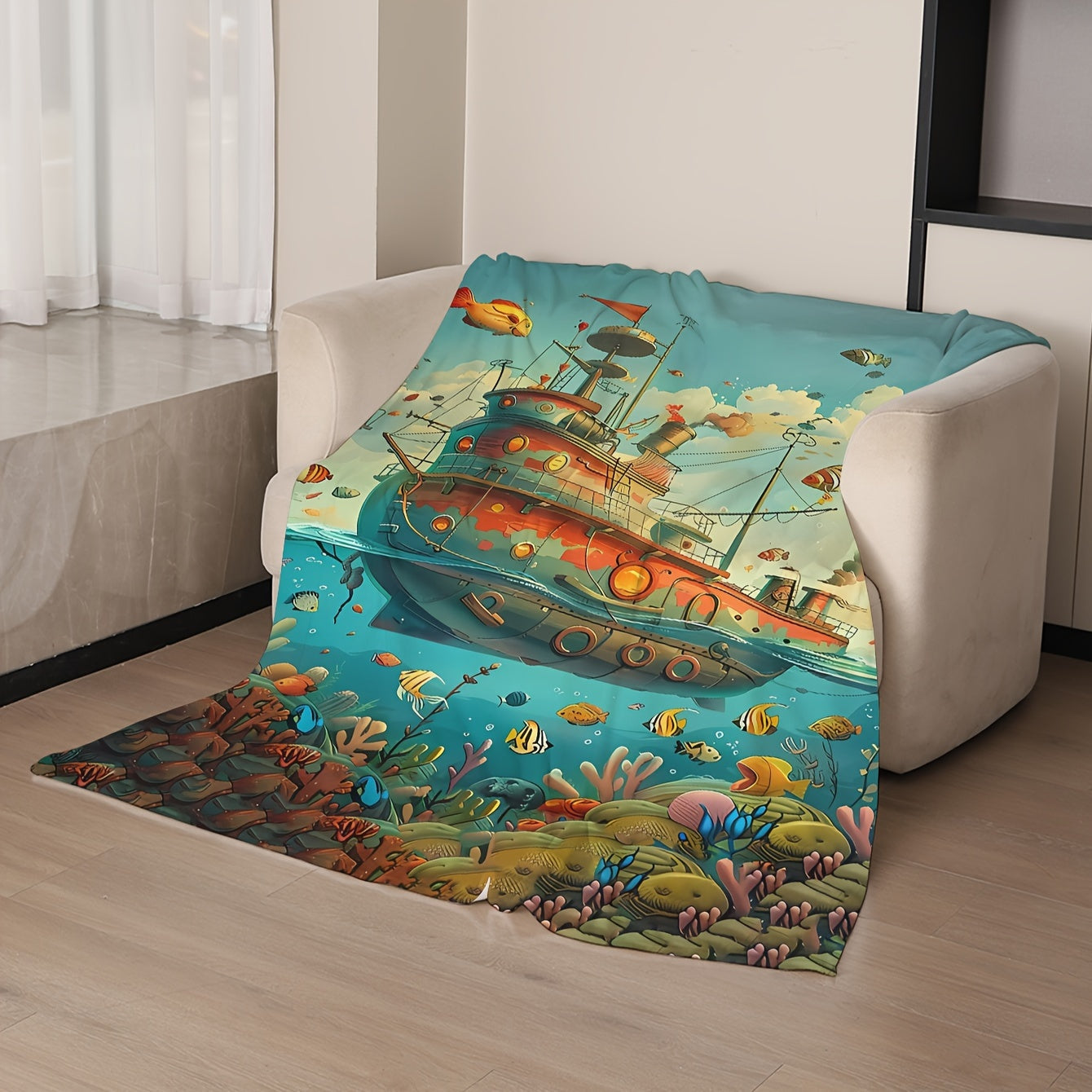 Coral Fleece Blanket with Ship Pattern Soft Warm All-Season Throw for Sofa Bed Camping