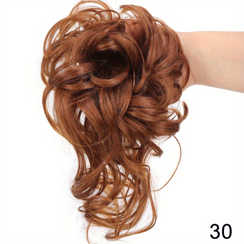 Ayollar uchun sintetik sochli bun scrunchie, tartibsiz, qovurilgan, to'lqinli sochlar uchun kengaytmalar