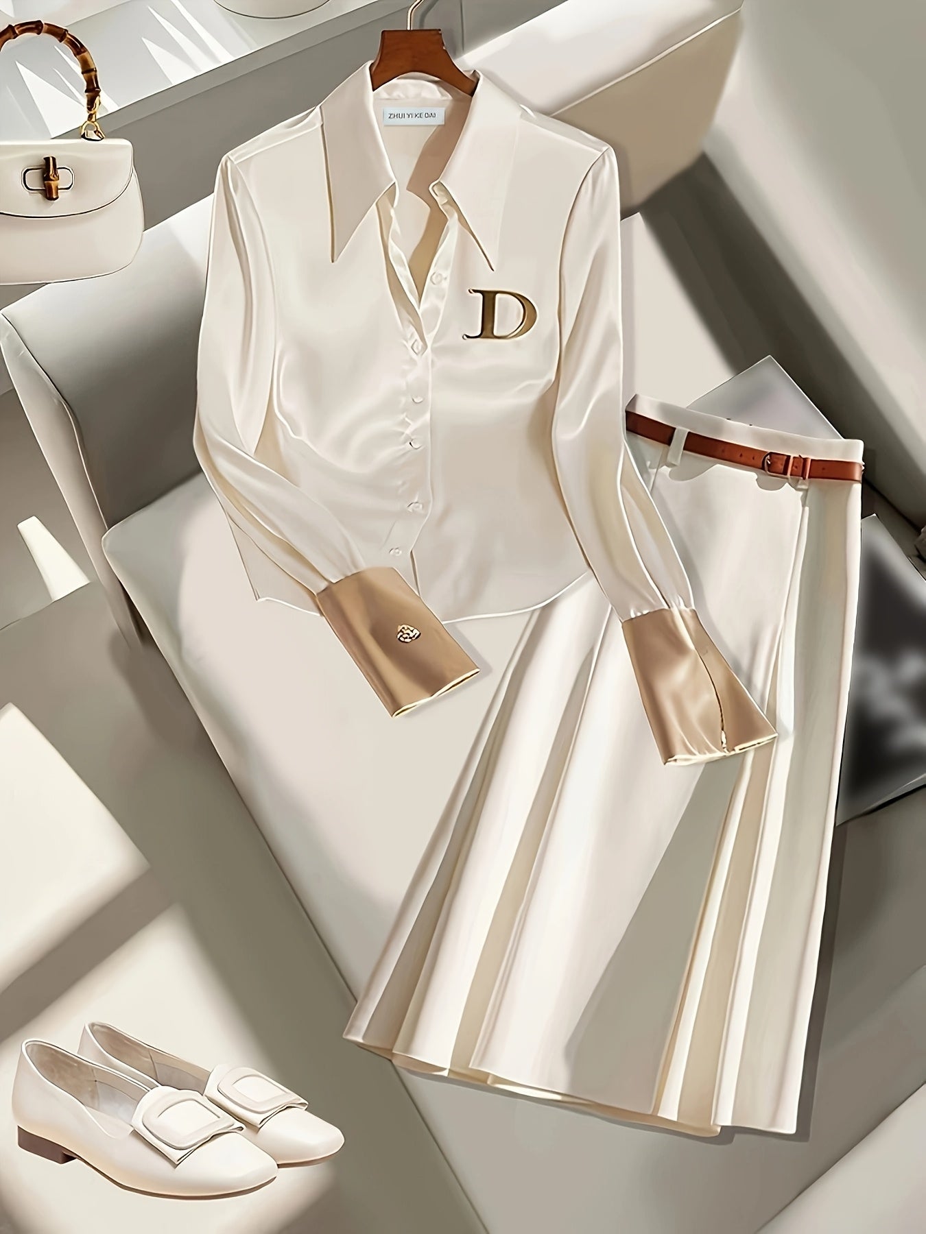 Women's Polyester Blouse with Wide Collar Alphabet Embellishments and Zipper Detail