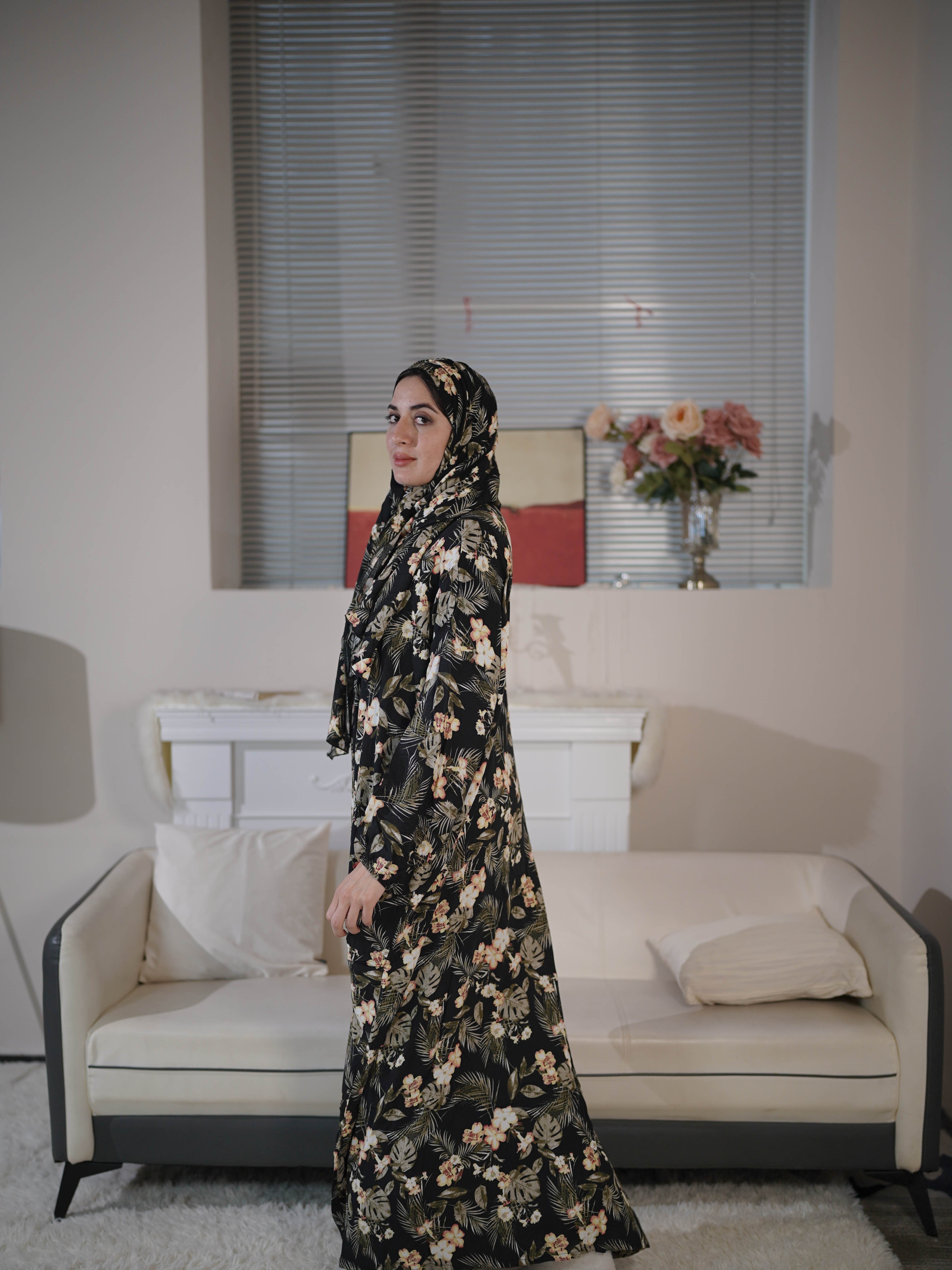 Women Rayon Floral Print Hijab Dress with Scarf Integration