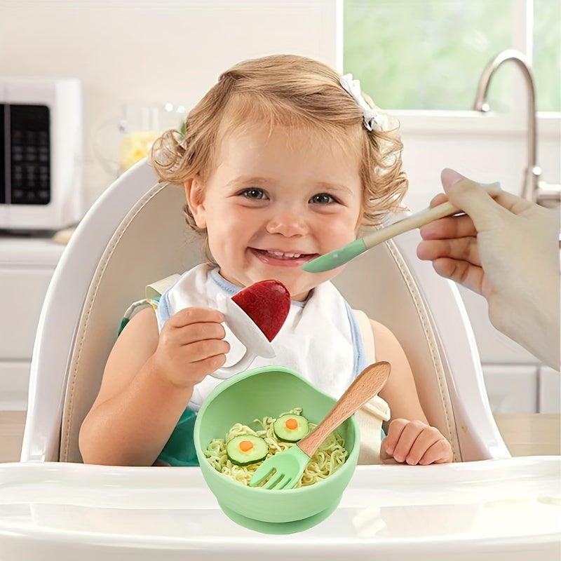 Baby Feeding Set Silicone Bowl Fork Spoon Non-Slip Microwave Safe Wooden Handle 3 Pieces
