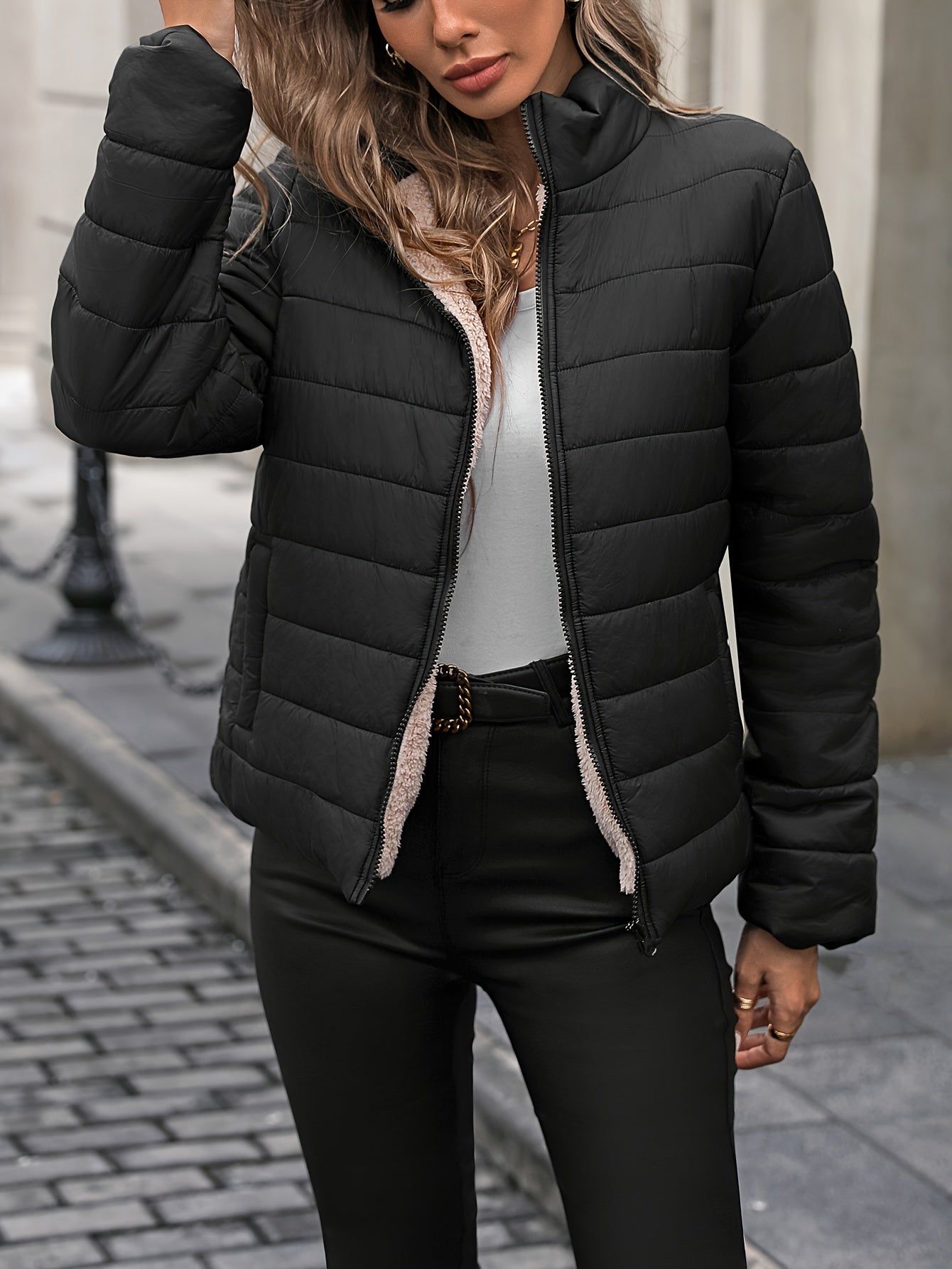 Women's Solid Color Nylon Warm Jacket with Long Sleeves and Zipper