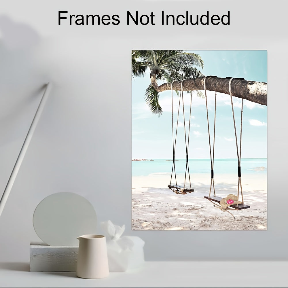 Beach Coast Canvas Wall Art Seaside Palm Tree Ocean Swing Blue Sky Sea View