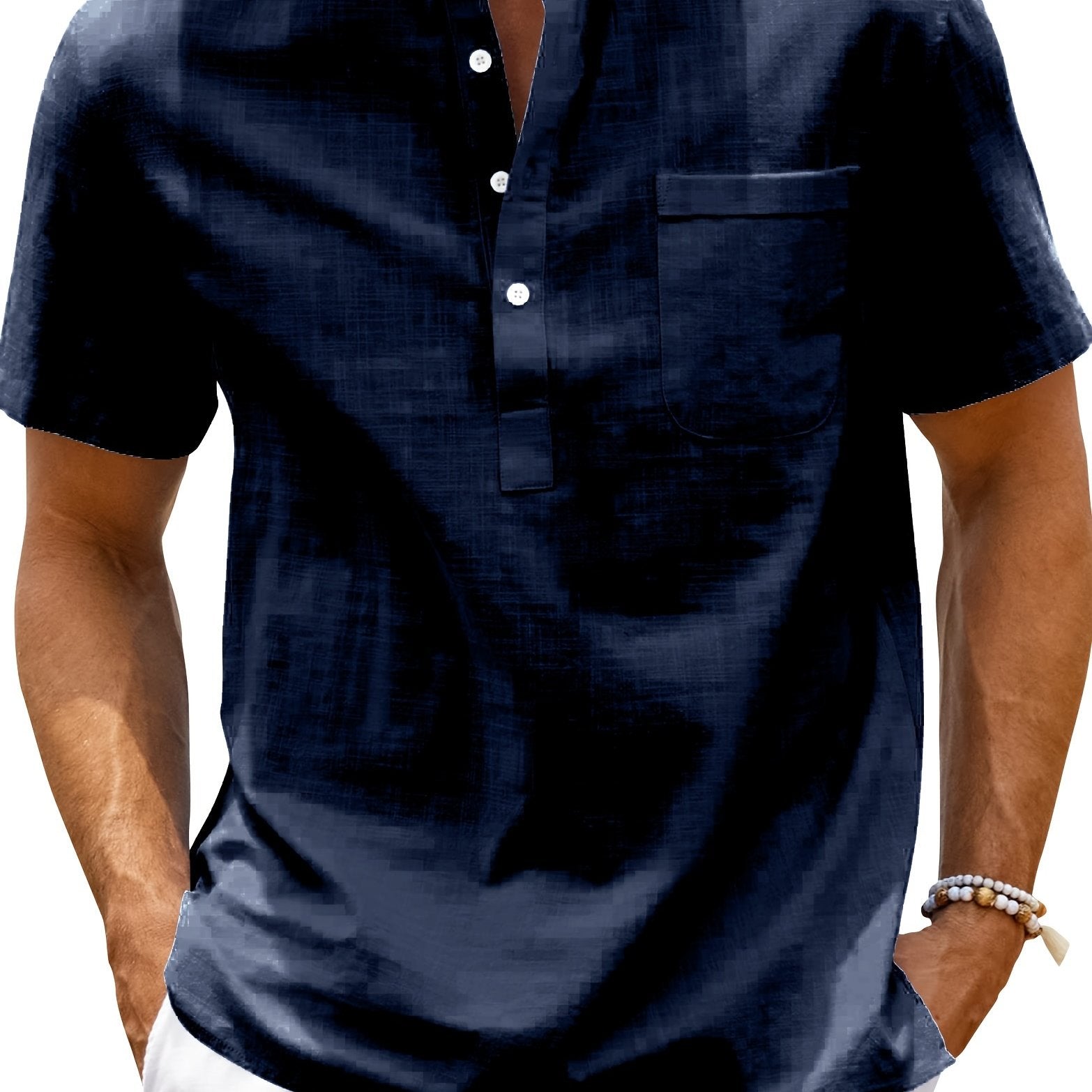 Men's Cotton Short Sleeve Shirt with Stand Collar and Pocket for Summer Beach Vacation