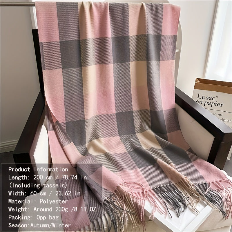 Yumshoq kaşmir qishki sharf, plaid naqshli, tassellar va issiq sharf bilan