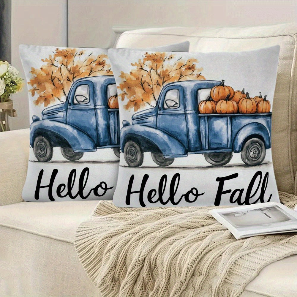 Set of 2 Flannel Pillow Covers 45.72 cm Zippered Pumpkin Truck Design for All Seasons