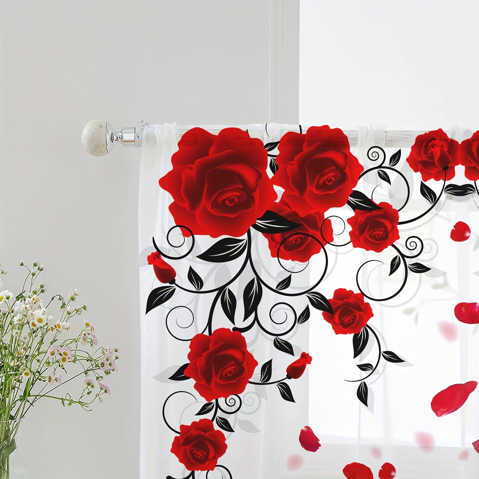 Red Rose Printed Curtain with Rod Pocket for Bedroom Living Room Kitchen Home Decor