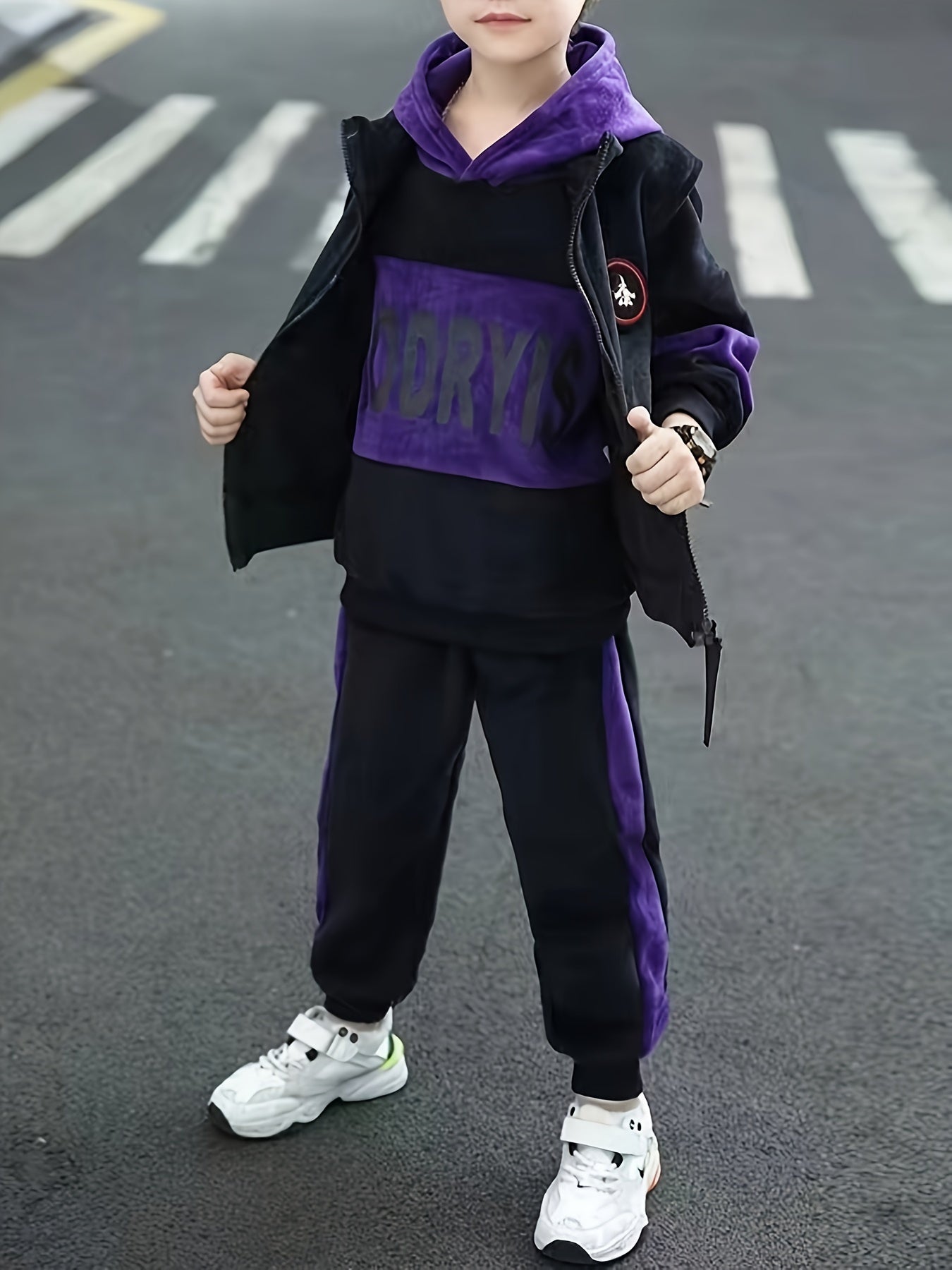 Boys Winter Three-Piece Set Hoodie Vest Pants Casual Sporty Warm Velvet for Medium to Large Children