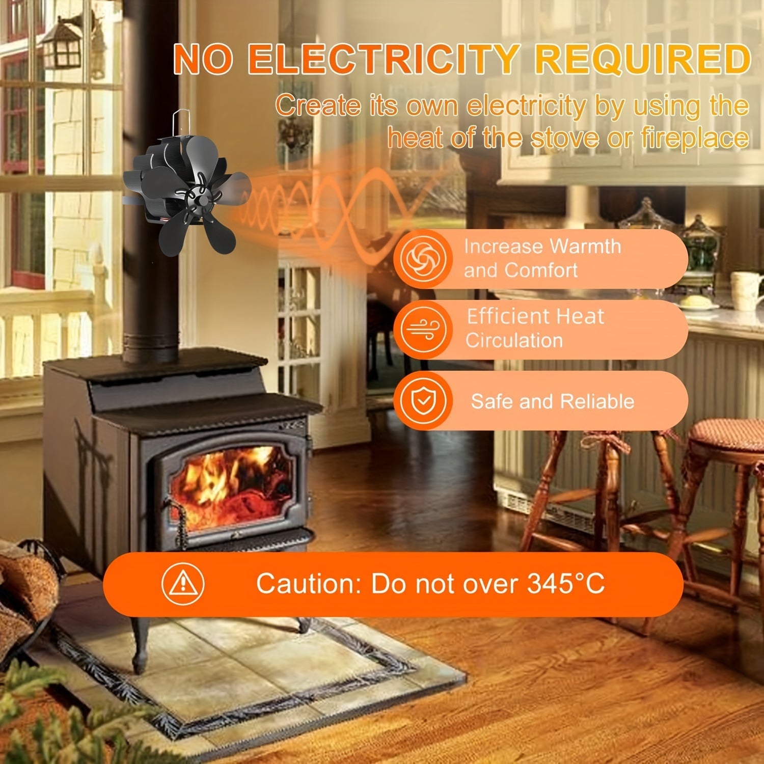 Wood Burning Stove Fan 5 Blades Aluminum High-Speed Polished Heat Circulation