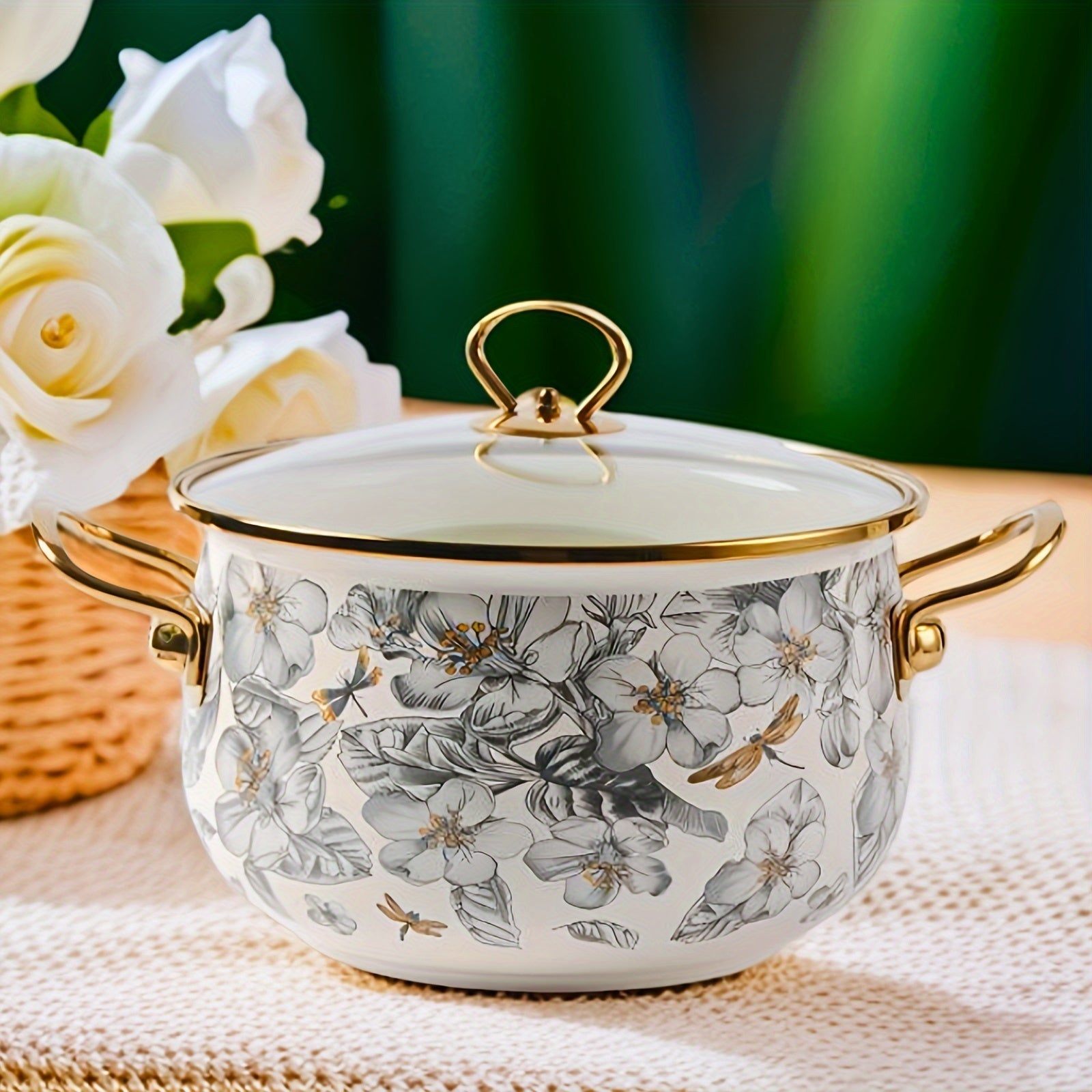 Enamel Soup Pot with Golden Trim, Dragonfly and Floral Design, 3 Quart