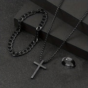 Set of 3 Stainless Steel Jewelry Pieces Cross Necklace Hollow Bracelet Smooth Ring Gunmetal