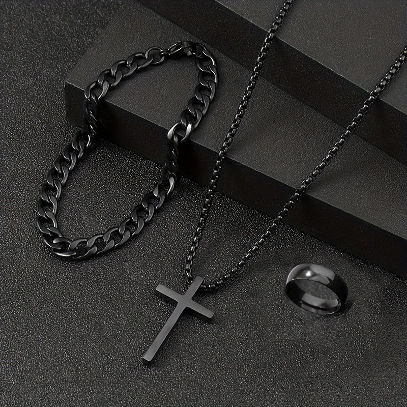 Set of 3 Stainless Steel Jewelry Pieces Cross Necklace Hollow Bracelet Smooth Ring Gunmetal