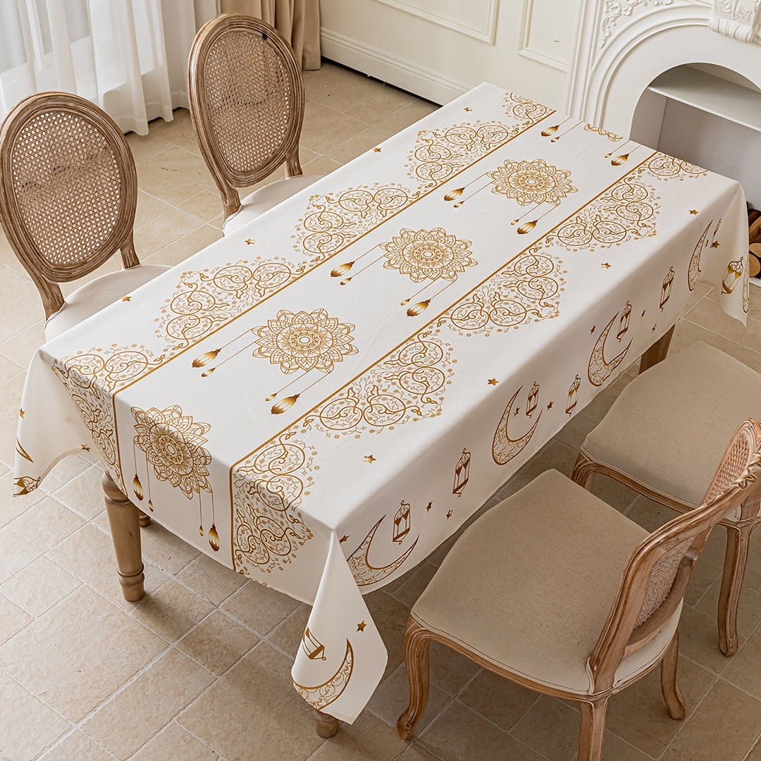 Bohemian Geometric Ramadan Eid Al-Fitr Tablecloth with Golden Moon and Star Design 100% Polyester