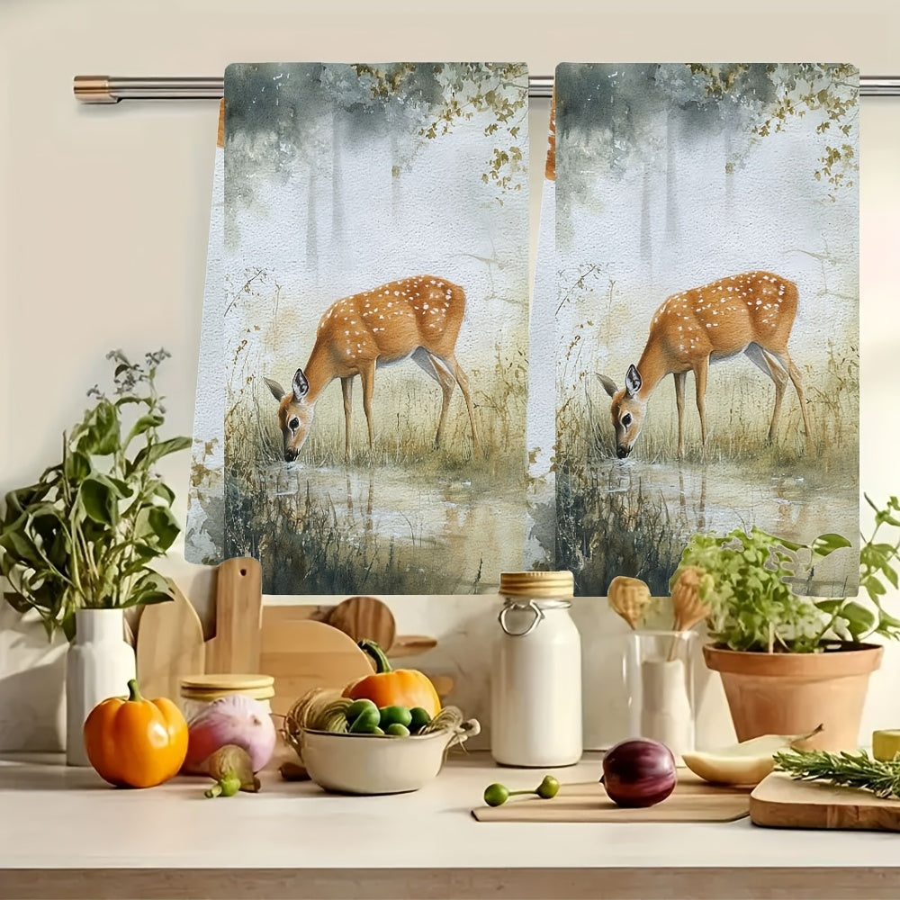 Set of 2 Ultra Soft Kitchen Towels Deer Grazing Scene 40x60cm Absorbent