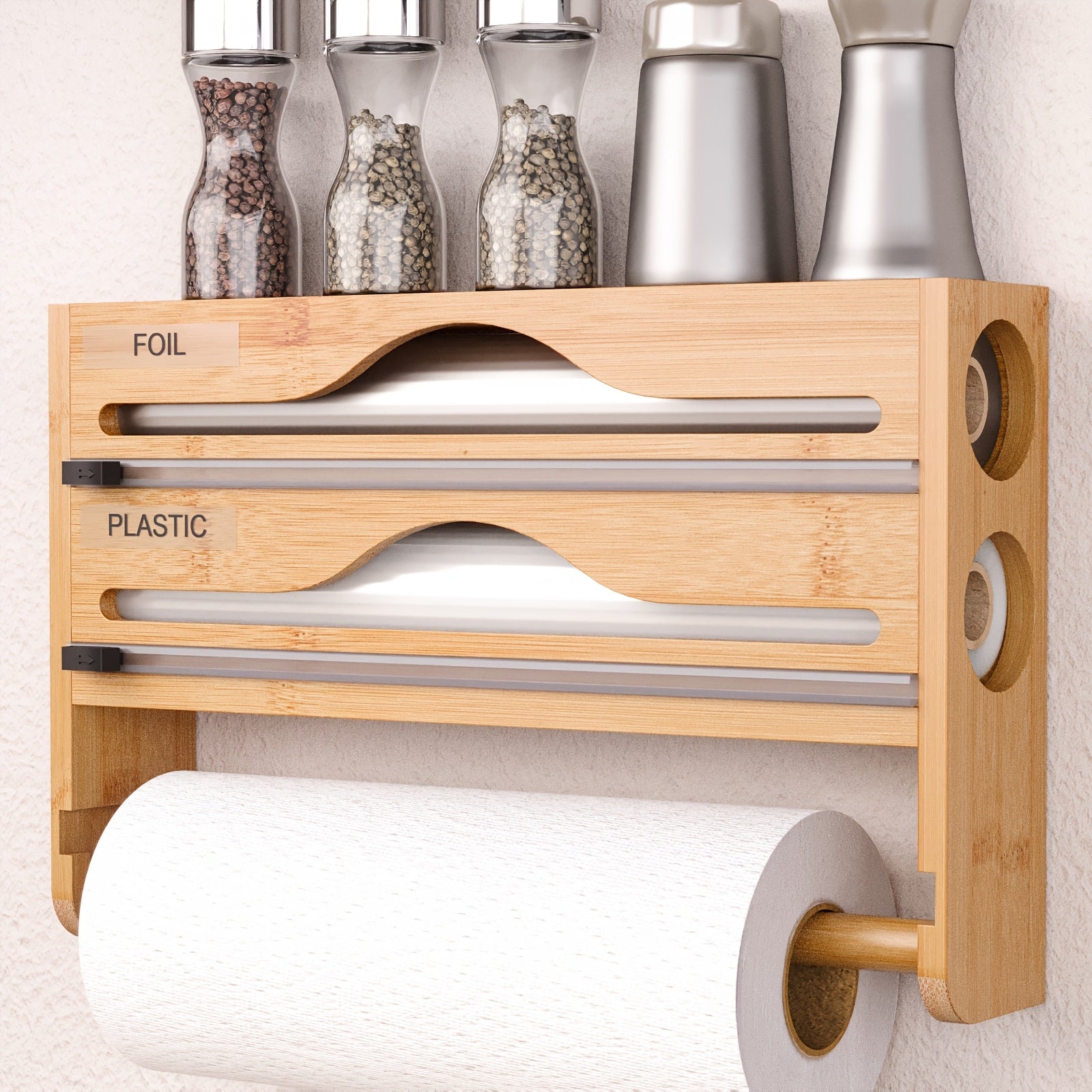 Bamboo 4-in-1 Kitchen Organizer for Foil Plastic Wrap Paper Towels with Cutter